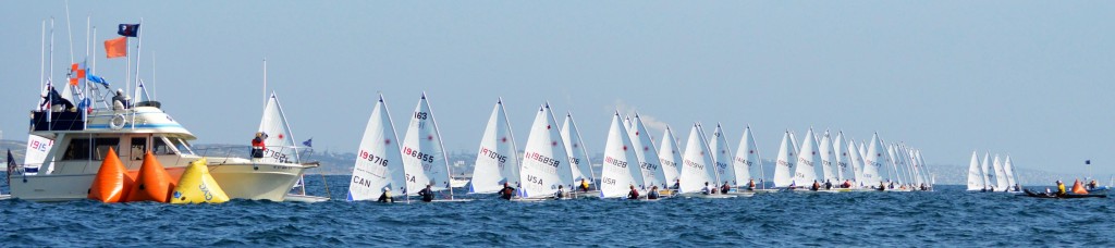 A fleet of nearly 90 boats race at the Laser Midwinters Championship 2013, hosted by California Yacht Club. 