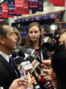 Alicia Hastey interviews Los Angeles Mayor Antonio Villaragosa during the 2nd Presidential Debate held at Hofstra University.